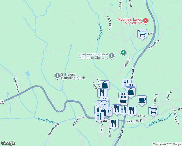 map of restaurants, bars, coffee shops, grocery stores, and more near 262 Valley Street in Clayton