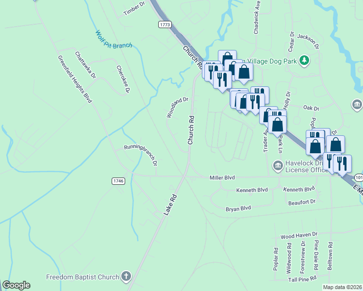 map of restaurants, bars, coffee shops, grocery stores, and more near 1 Pine Circle in Havelock