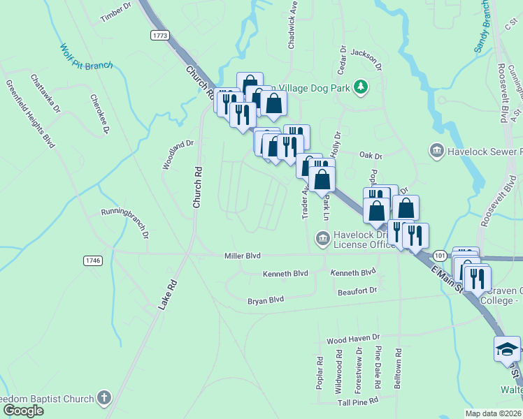 map of restaurants, bars, coffee shops, grocery stores, and more near 102 Branch Court in Havelock