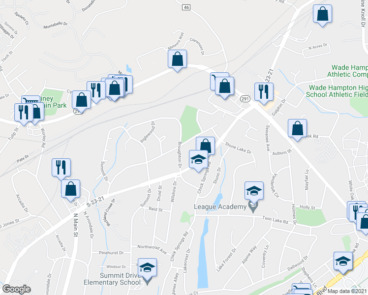 map of restaurants, bars, coffee shops, grocery stores, and more near 24 Broughton Drive in Greenville