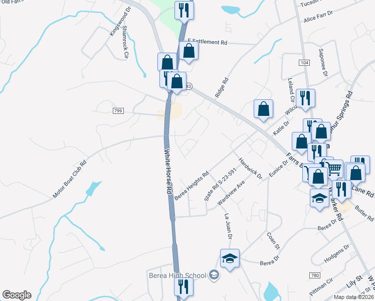 map of restaurants, bars, coffee shops, grocery stores, and more near 7540 White Horse Road in Greenville
