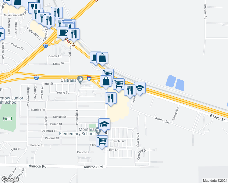 map of restaurants, bars, coffee shops, grocery stores, and more near 200 Montara Road in Barstow