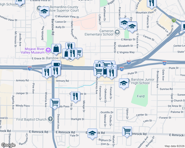 map of restaurants, bars, coffee shops, grocery stores, and more near 921 Sandalwood Court in Barstow