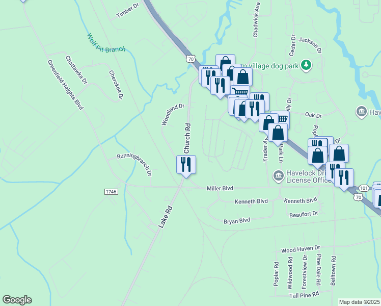 map of restaurants, bars, coffee shops, grocery stores, and more near 227 Church Road in Havelock