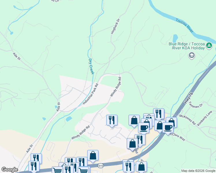 map of restaurants, bars, coffee shops, grocery stores, and more near 166 Windy Ridge Road in Blue Ridge