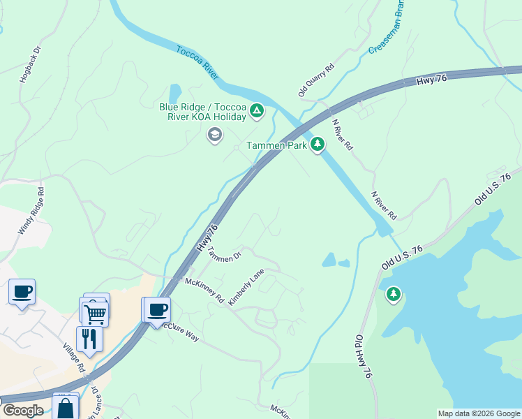 map of restaurants, bars, coffee shops, grocery stores, and more near 46 Lindsey Lane in Blue Ridge