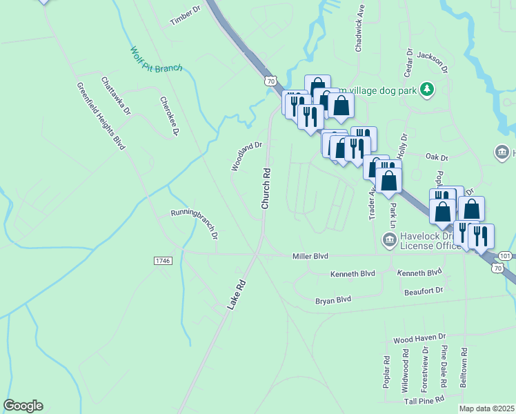 map of restaurants, bars, coffee shops, grocery stores, and more near 1 Pine Circle in Havelock