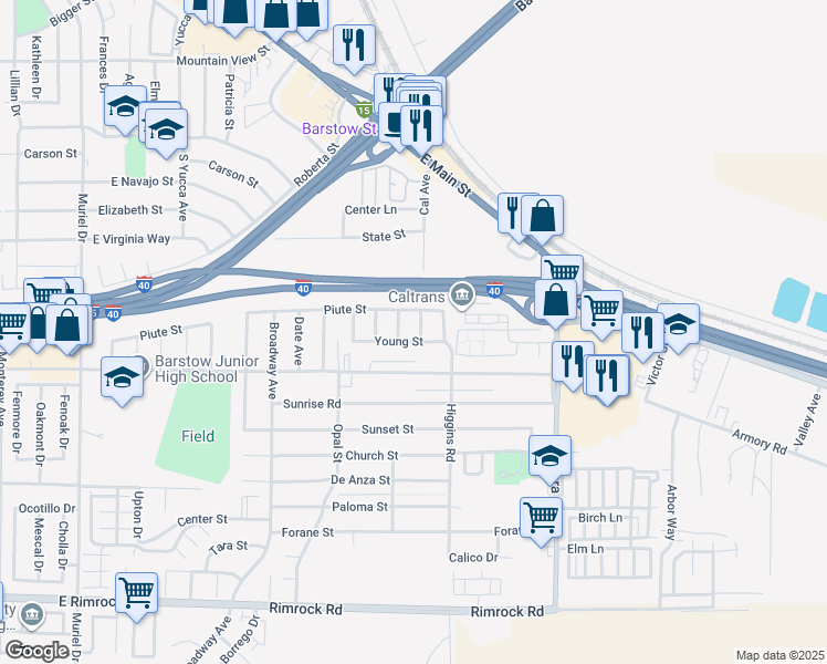 map of restaurants, bars, coffee shops, grocery stores, and more near 312 Ute Road in Barstow