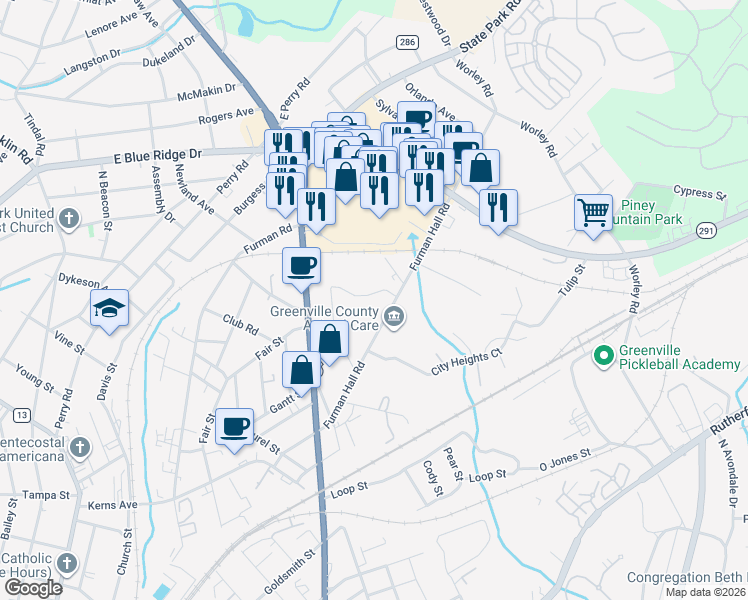 map of restaurants, bars, coffee shops, grocery stores, and more near 106 Canterbury Drive in Greenville