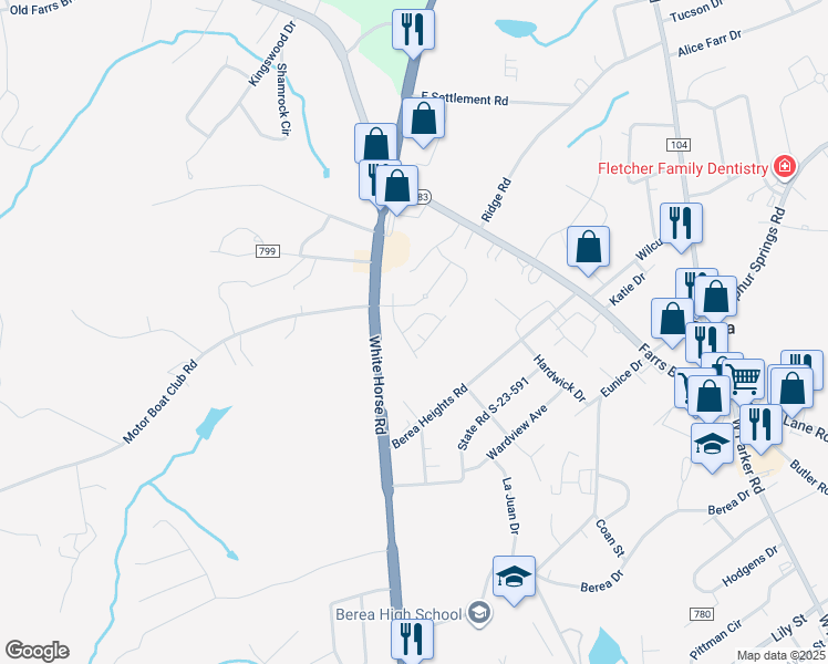 map of restaurants, bars, coffee shops, grocery stores, and more near 7540 White Horse Road in Greenville