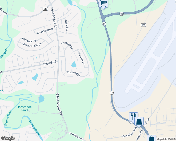 map of restaurants, bars, coffee shops, grocery stores, and more near 505 Chartwell Drive in Greer