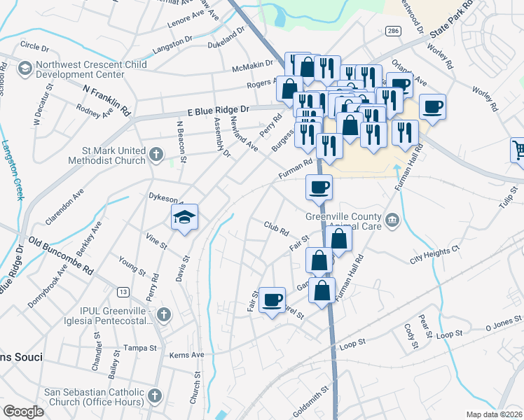 map of restaurants, bars, coffee shops, grocery stores, and more near 408 Furman Road in Greenville