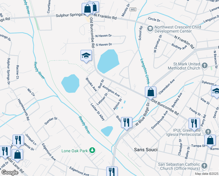 map of restaurants, bars, coffee shops, grocery stores, and more near 6 Latimer Street in Greenville