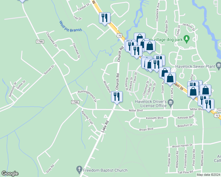 map of restaurants, bars, coffee shops, grocery stores, and more near 124 Woodland Drive in Havelock