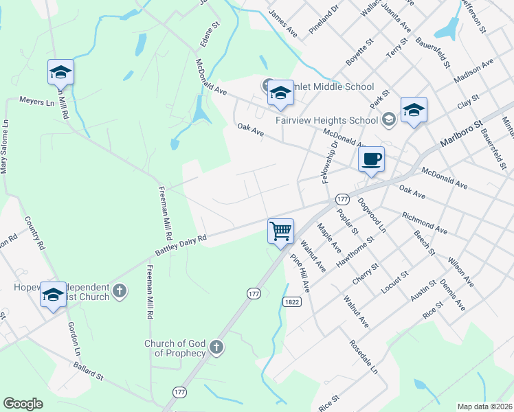 map of restaurants, bars, coffee shops, grocery stores, and more near 107 Switch Road in Hamlet