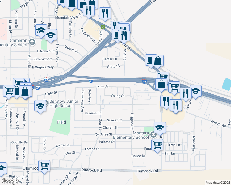 map of restaurants, bars, coffee shops, grocery stores, and more near 304 Chandler Avenue in Barstow