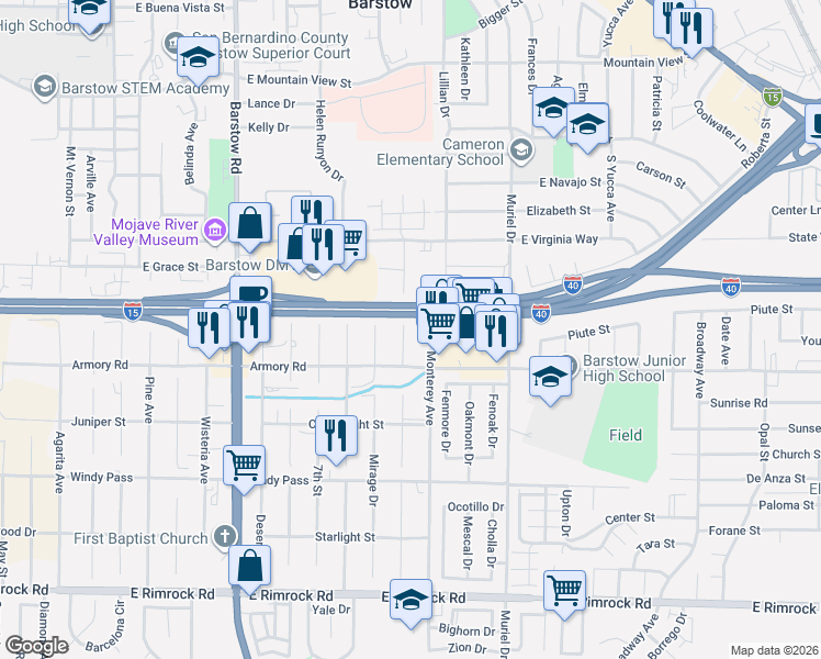 map of restaurants, bars, coffee shops, grocery stores, and more near 921 Sandalwood Court in Barstow