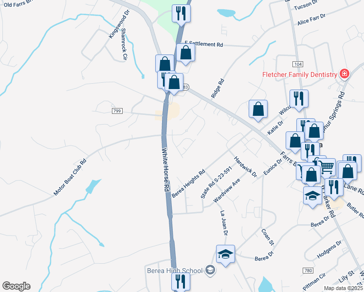 map of restaurants, bars, coffee shops, grocery stores, and more near 7540 White Horse Road in Greenville