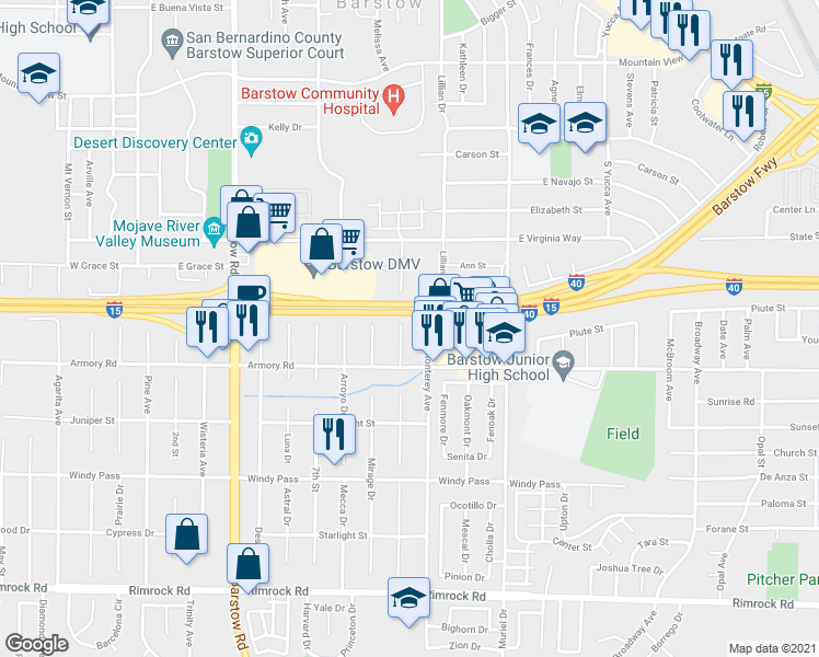 map of restaurants, bars, coffee shops, grocery stores, and more near 921 Sandalwood Court in Barstow