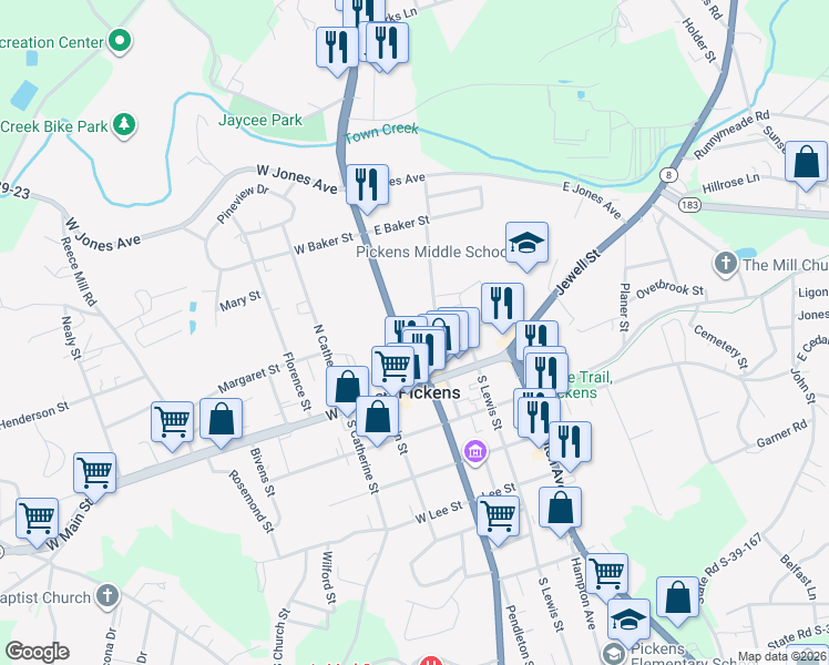 map of restaurants, bars, coffee shops, grocery stores, and more near 208 Ann Street in Pickens