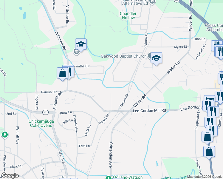 map of restaurants, bars, coffee shops, grocery stores, and more near 110 Osborn Court in Chickamauga