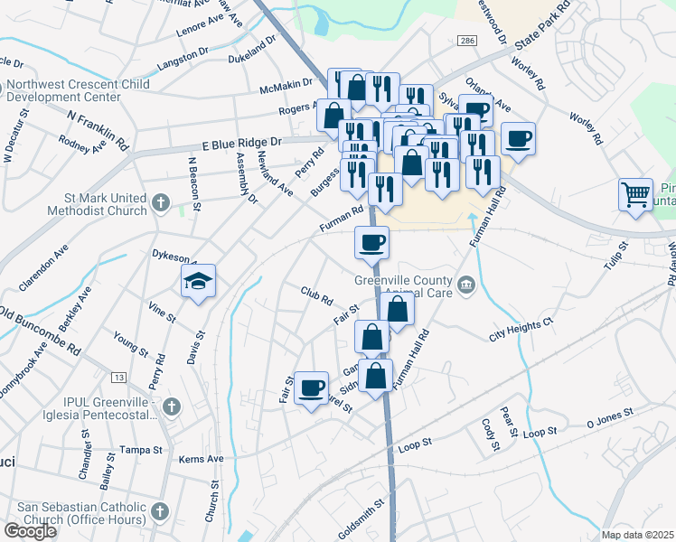 map of restaurants, bars, coffee shops, grocery stores, and more near 9 Ellendale Avenue in Greenville