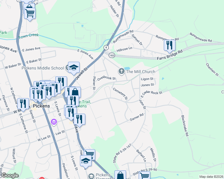 map of restaurants, bars, coffee shops, grocery stores, and more near 132 Cemetery Street in Pickens