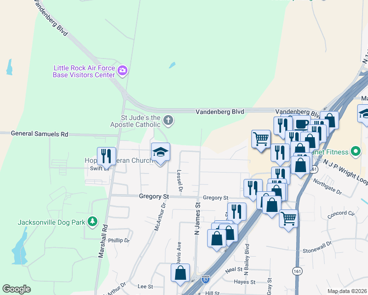 map of restaurants, bars, coffee shops, grocery stores, and more near 1004 Lessel Drive in Jacksonville