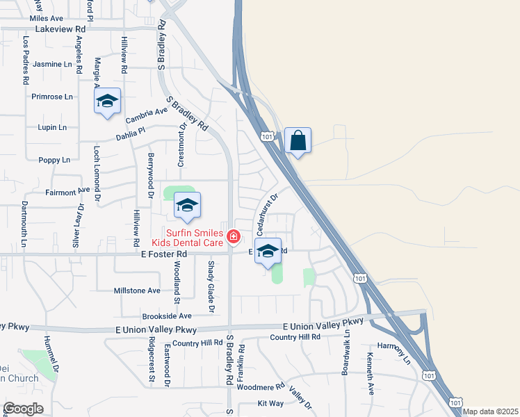 map of restaurants, bars, coffee shops, grocery stores, and more near 4032 Berwyn Drive in Santa Maria