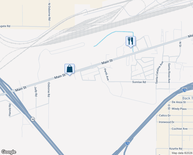 map of restaurants, bars, coffee shops, grocery stores, and more near 217 Plaimor Avenue in Barstow
