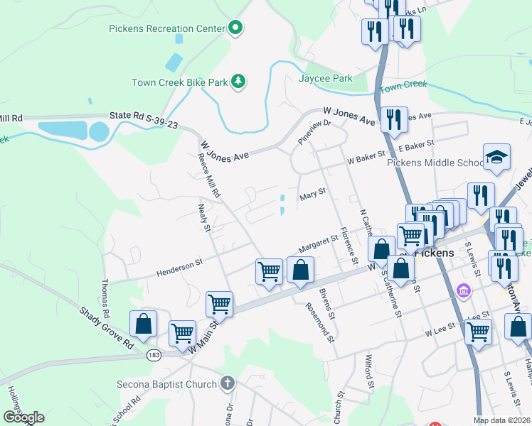 map of restaurants, bars, coffee shops, grocery stores, and more near 131 Colonial Walk in Pickens