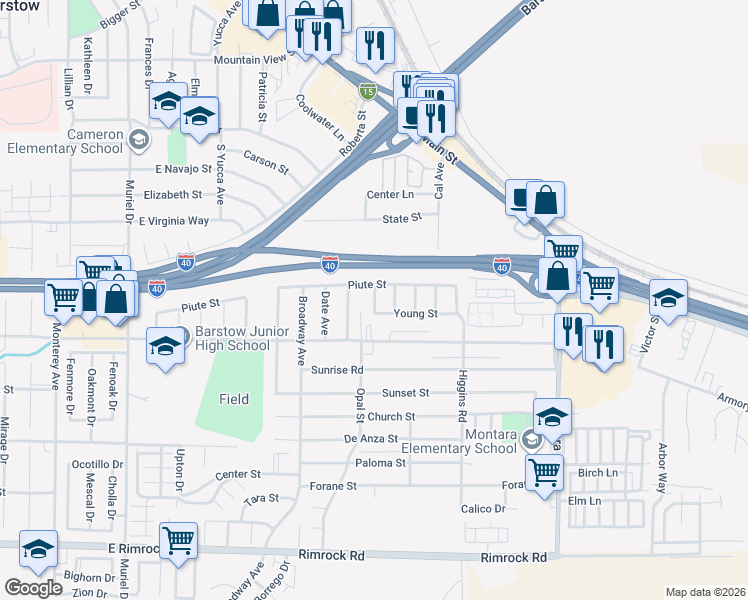 map of restaurants, bars, coffee shops, grocery stores, and more near 305 Beverly Avenue in Barstow
