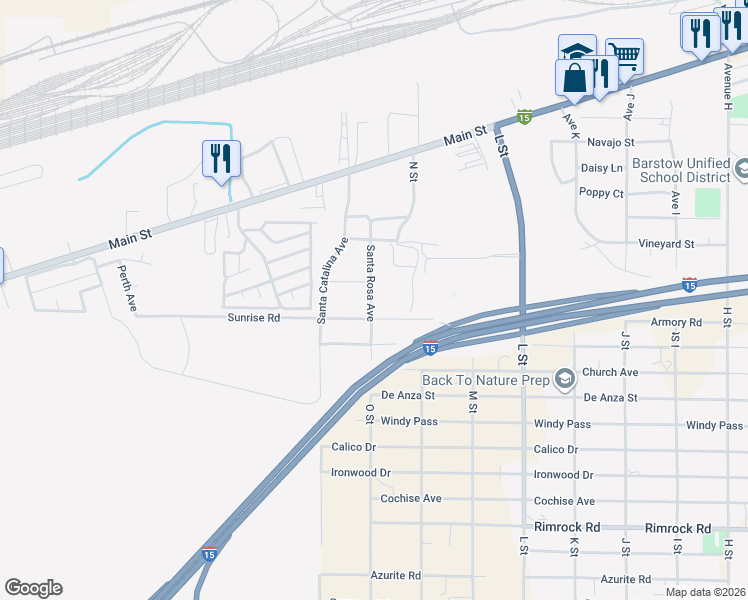 map of restaurants, bars, coffee shops, grocery stores, and more near N Street in Barstow