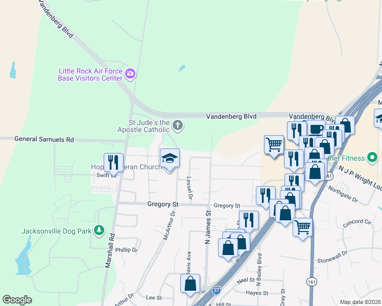 map of restaurants, bars, coffee shops, grocery stores, and more near 1004 Lessel Drive in Jacksonville