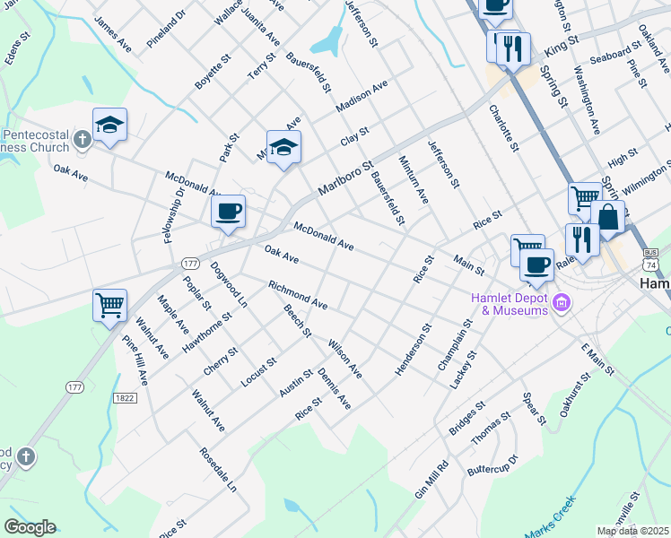map of restaurants, bars, coffee shops, grocery stores, and more near 550 Oak Avenue in Hamlet