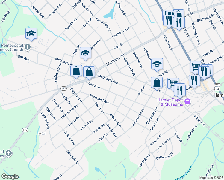 map of restaurants, bars, coffee shops, grocery stores, and more near 550 Oak Ave in Hamlet
