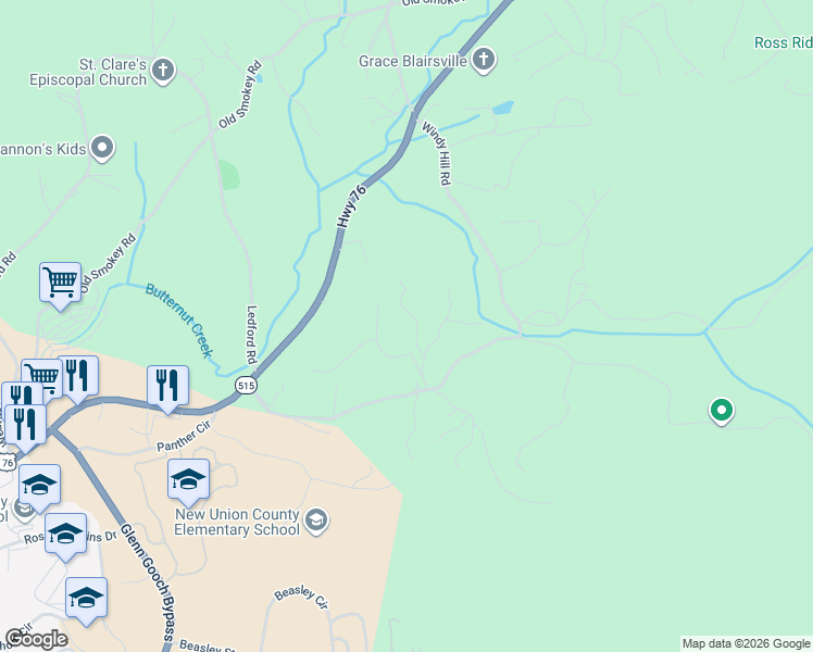 map of restaurants, bars, coffee shops, grocery stores, and more near 624 Firefly Ridge Road in Blairsville