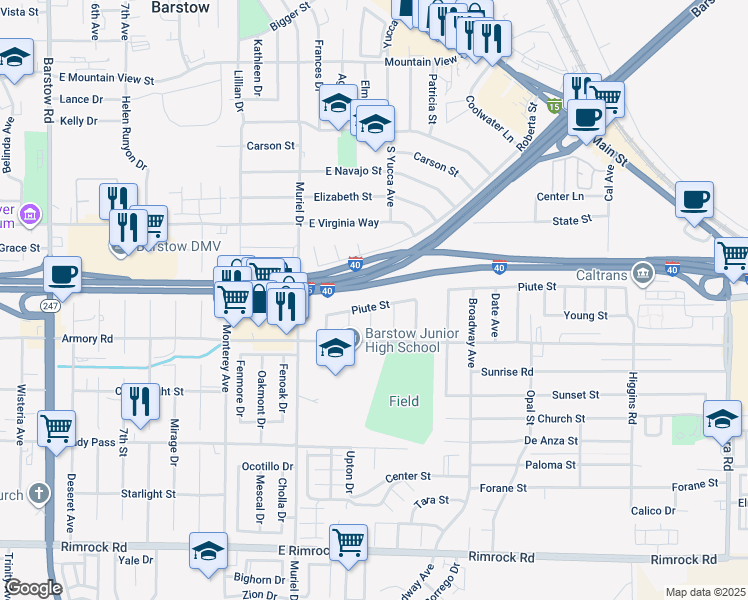 map of restaurants, bars, coffee shops, grocery stores, and more near 1225 Piute Street in Barstow