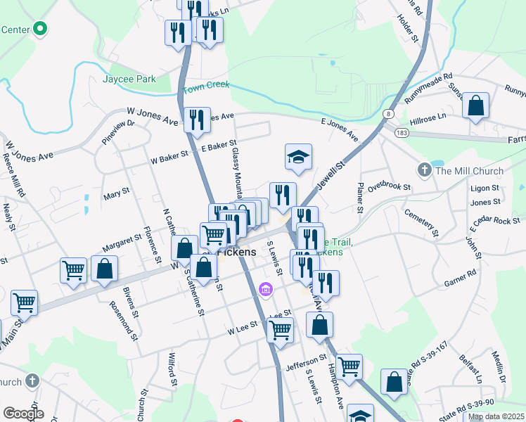map of restaurants, bars, coffee shops, grocery stores, and more near 171 Griffin Street in Pickens