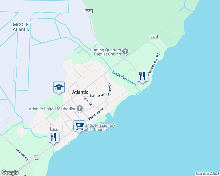 map of restaurants, bars, coffee shops, grocery stores, and more near 134 Morris Drive in Atlantic