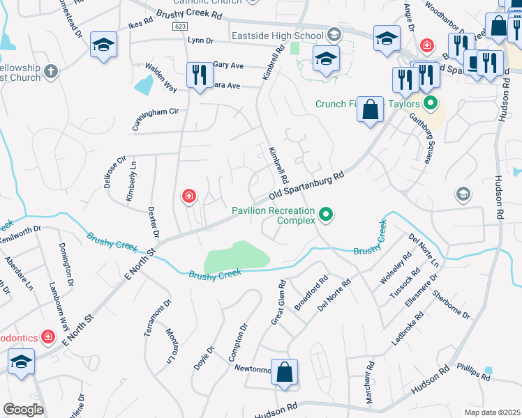 map of restaurants, bars, coffee shops, grocery stores, and more near 4624 Old Spartanburg Road in Taylors