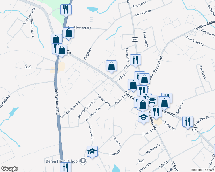 map of restaurants, bars, coffee shops, grocery stores, and more near 125 Farrs Bridge Road in Greenville