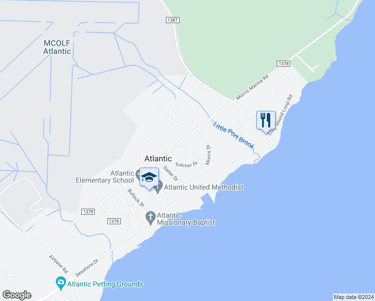 map of restaurants, bars, coffee shops, grocery stores, and more near 376 Shell Road in Atlantic