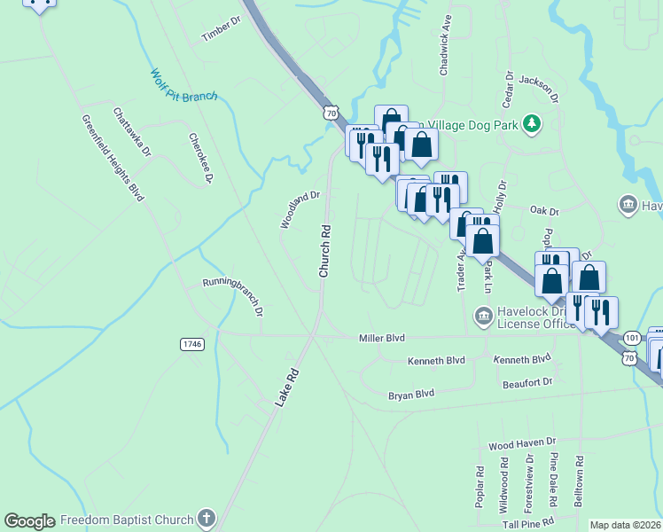 map of restaurants, bars, coffee shops, grocery stores, and more near 221 Church Road in Havelock