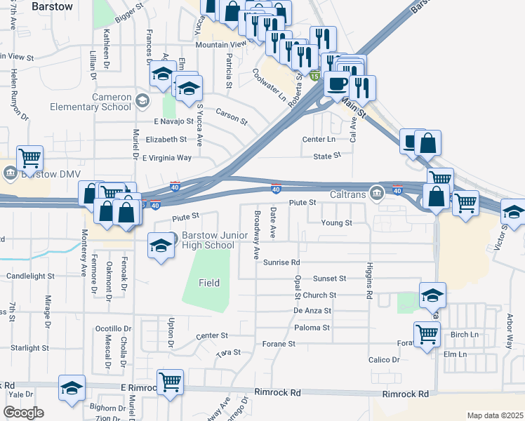 map of restaurants, bars, coffee shops, grocery stores, and more near 305 Broadway Avenue in Barstow