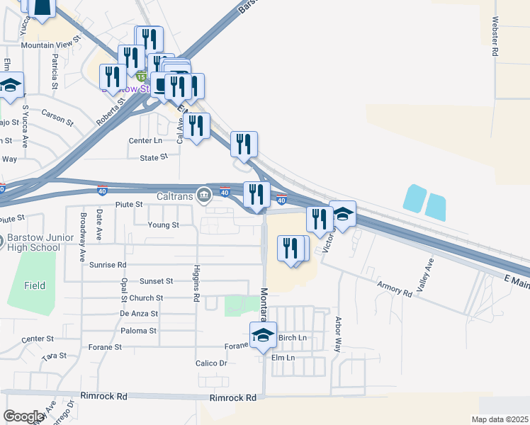 map of restaurants, bars, coffee shops, grocery stores, and more near 2 Montara Road in Barstow