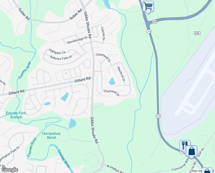 map of restaurants, bars, coffee shops, grocery stores, and more near 5 Seaward Court in Greer