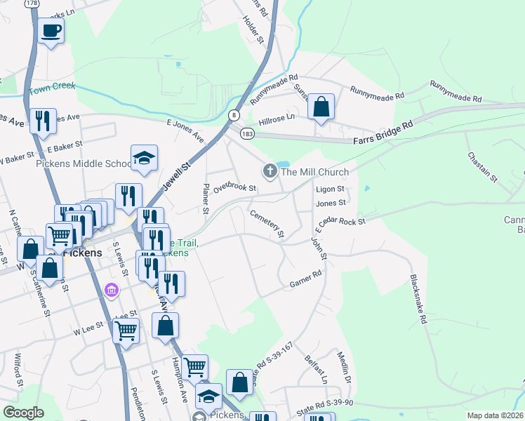 map of restaurants, bars, coffee shops, grocery stores, and more near 132 Cemetery Street in Pickens