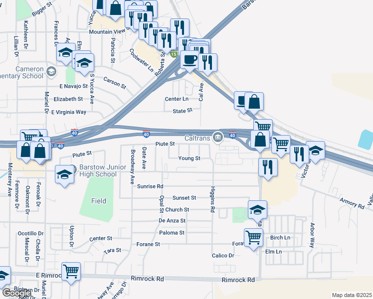 map of restaurants, bars, coffee shops, grocery stores, and more near 304 Chandler Avenue in Barstow