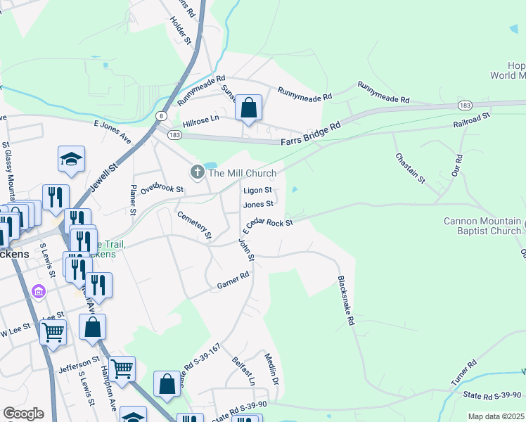 map of restaurants, bars, coffee shops, grocery stores, and more near 116 Jones Street in Pickens